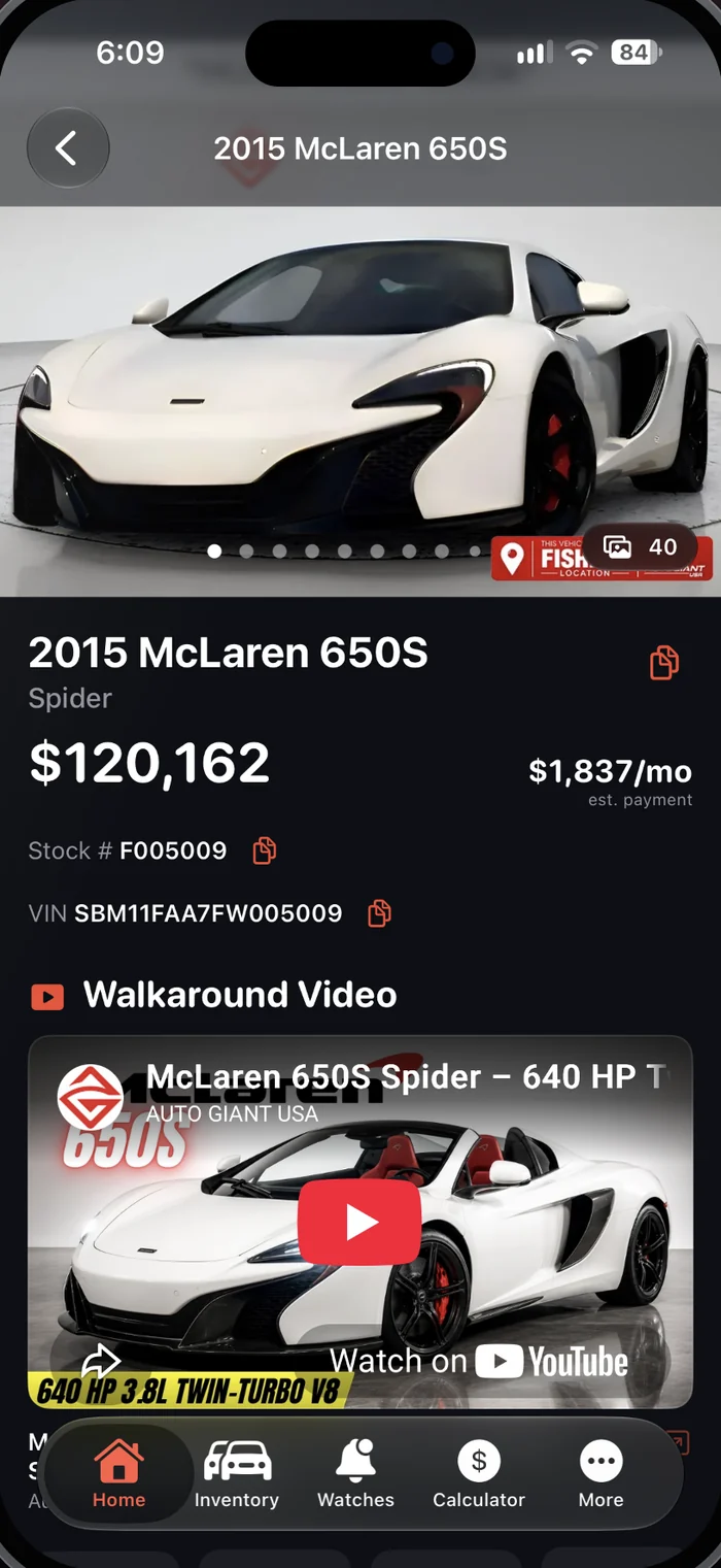 Vehicle detail screen for a 2015 McLaren 650S with its walkaround video